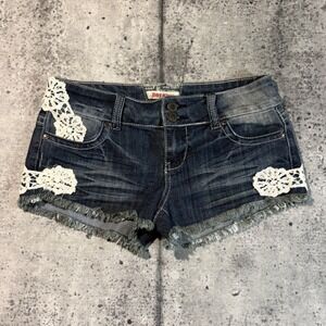 00s/Y2K Hot Kiss Cici Short Dark Wash Crochet Lace Trim Low Rise Denim Shorts